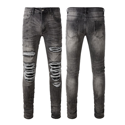 Men's Casual Patch Damage Gray Jeans