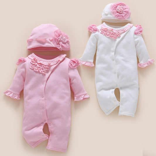 Cute Cotton Baby Girl Romper Suit & Hat with Flower detail