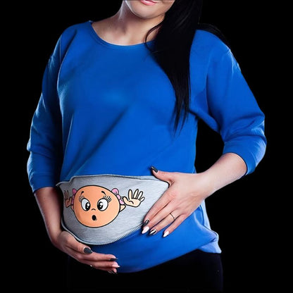 Long Sleeve Pregnancy Top with a peekaboo zip display of baby girl or boy