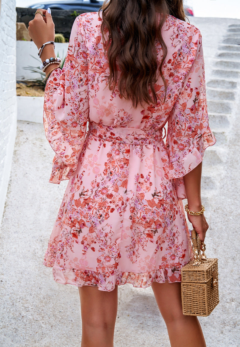 Back view of Women's Summer Floral Short Sleeves Ruffles Dress