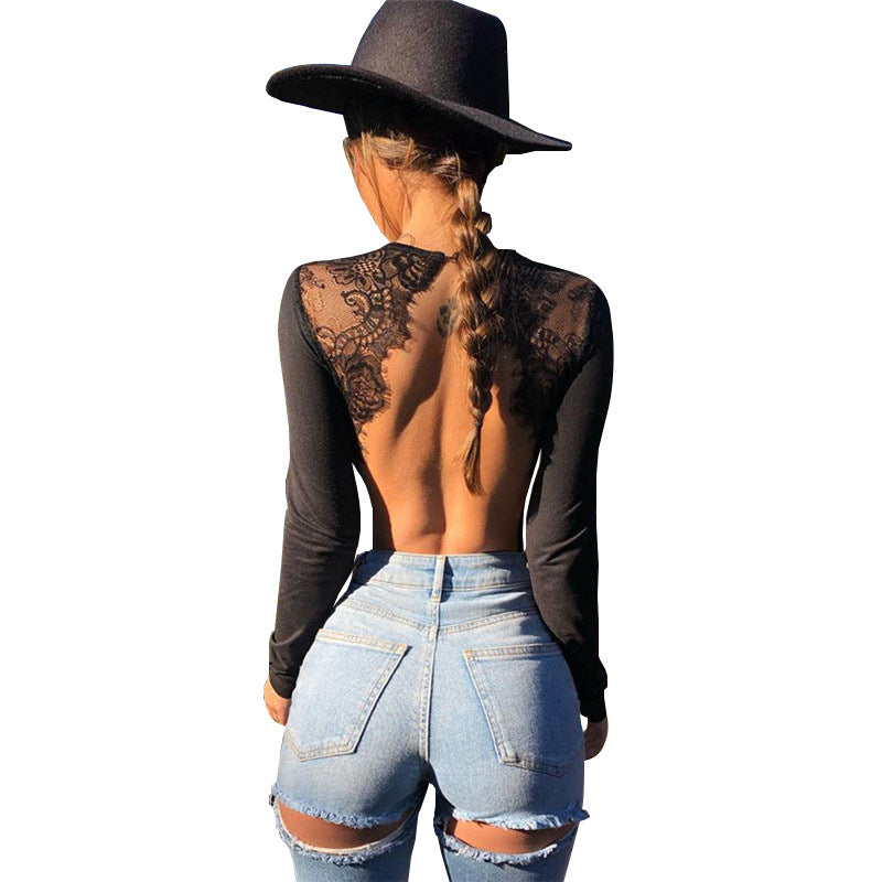 Open-Back Lace Stitching Long-Sleeved BodySuit