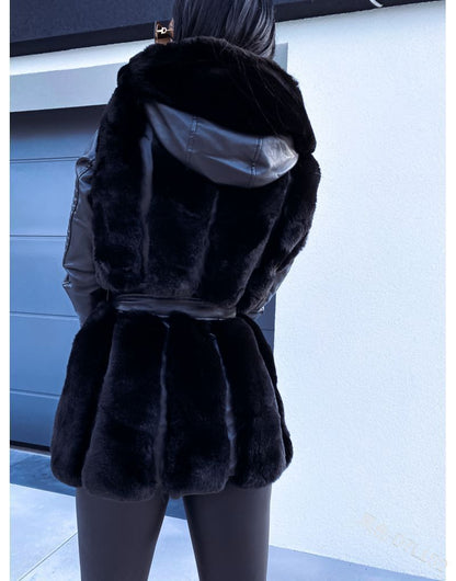 Women's New Style Hooded Faux Fur & leather arms with Belt Zipper Jacket