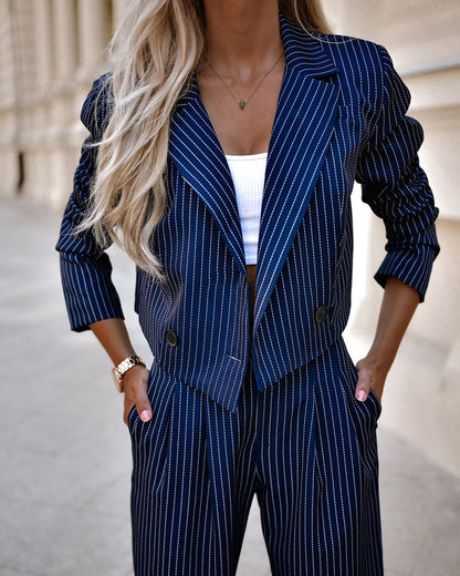 Pin Striped Lapel Jacket & Loose Fit Trouser Suit