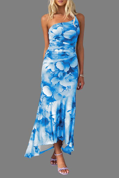 Blue Flower Print One-shoulder Summer Dress