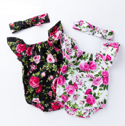 Flower Power Cute Baby Frilly Romper with matching Head Band