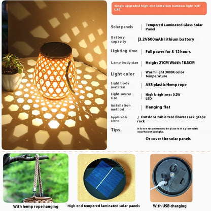 Outdoor Solar Bamboo Weaving Hollowed Waterproof Hanging Imitation or Table Lamp