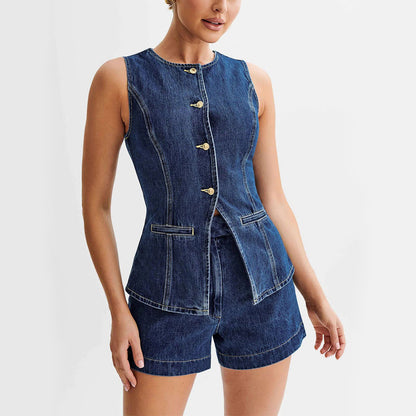 Hot Denim Sleeveless Suit with Button Vest Top And High Waist Shorts