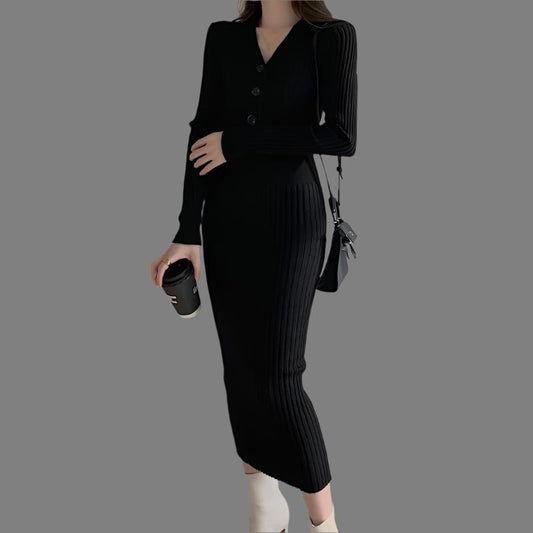 Black Mid-length Ladies Slim-fit Knit Dress