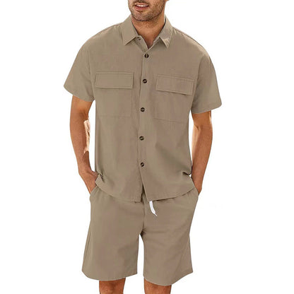 Men Summer Short Sleeve Suit with Lapel Pockets