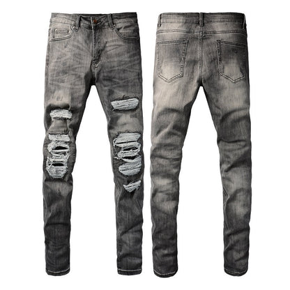 Men's Casual Patch Damage Gray Jeans