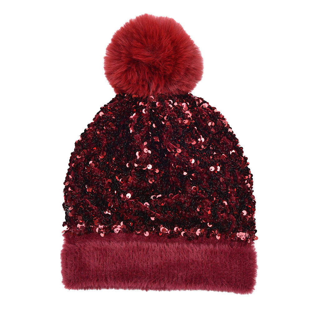 New Sequin Woolen Hat with Large Detachable Pom-pom