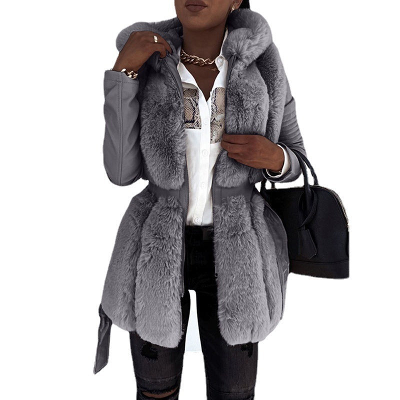 Grey Women's New Style Hooded Faux Fur & leather arms with Belt Zipper Jacket