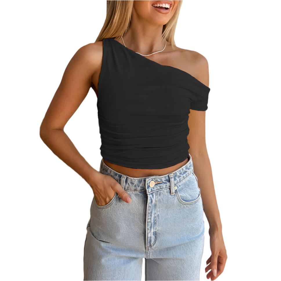 Black Sexy One-shoulder Oblique Crop Summer Vest