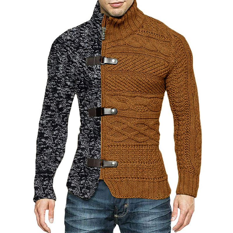 Men's Color Block Leather Button Long Sleeve Knit Cardigan