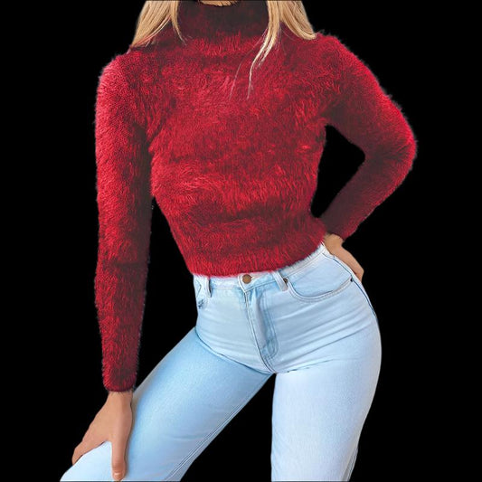 Red Long Hair Knitted Warm Fitted Turtleneck Jumper