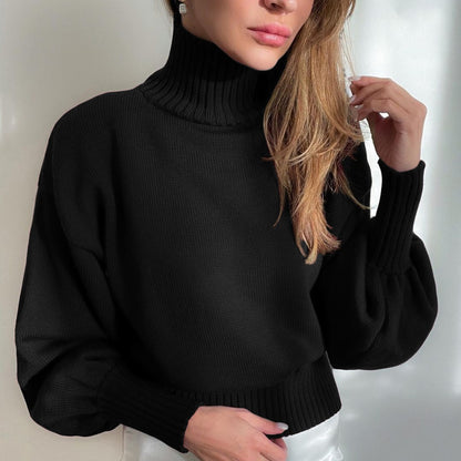 Black Elegance Redefined: Ladies Puff Sleeve Turtleneck Sweater