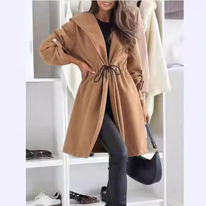 Women's Casual Hooded Long Sleeve Fall Winter Coat with waist drawstring