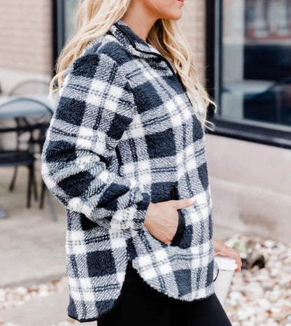 Plaid Plush Cozy Style Pullover Zip-Up Sweater