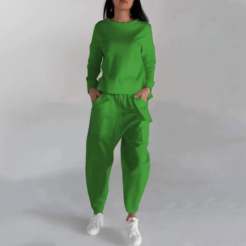 Green Women's Unique Design Back Slit & Lace up Top With Pockets & Loose Trousers