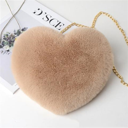 Plush Heart Shoulder Bag with Gold Chain