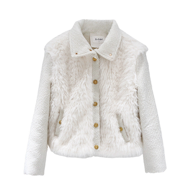 White Temperament Small Fragrant Gold Buckle Tweed Faux Fur Coat