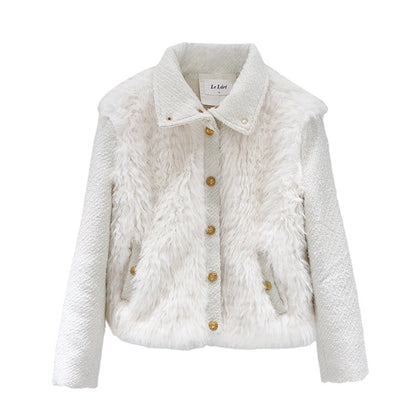 White Temperament Small Fragrant Gold Buckle Tweed Faux Fur Coat