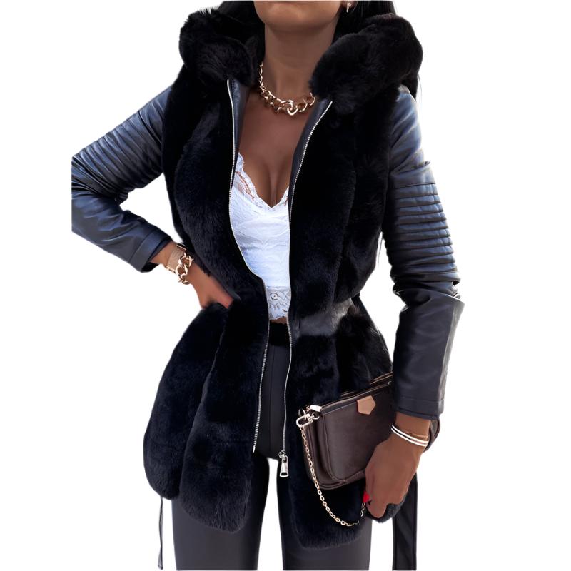 Black Women's New Style Hooded Faux Fur & leather arms with Belt Zipper Jacket