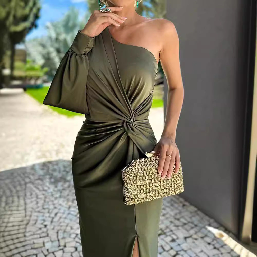 Diagonal Shoulder Knot Split, Solid Army Green Color Slim Fit Evening Dress