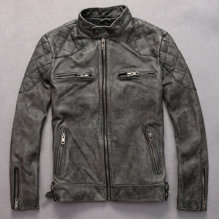 Distressed Stand Collar Leather Jacket for Men