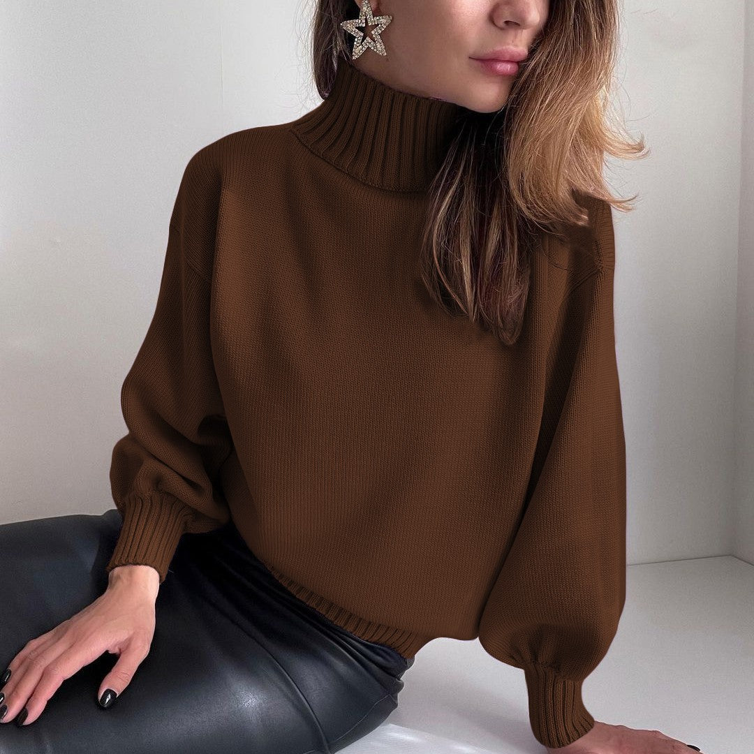 Brown Elegance Redefined: Ladies Puff Sleeve Turtleneck Sweater