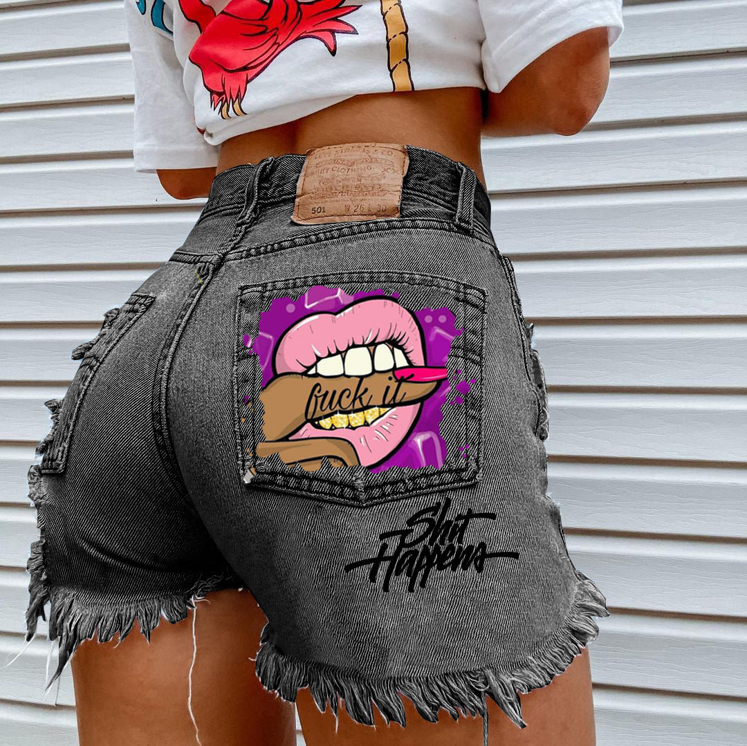 Black Women Hot, Ripped Denim Shorts with Mouth Biting Finger Print