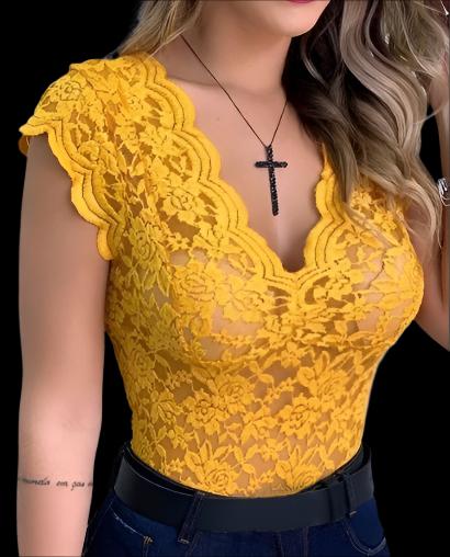 Yellow Lace Vest Top: Elegant V-Neck