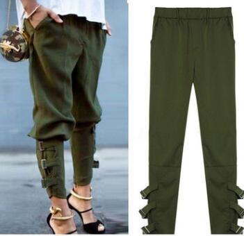 Women's Cotton Solid Color Casual Trousers with Straps to the legs