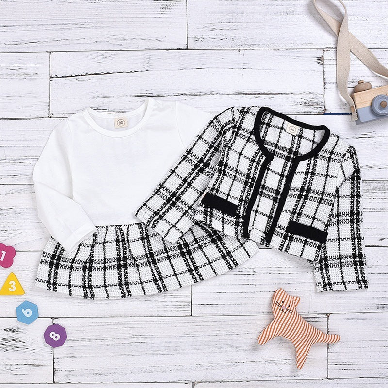 Two-piece Baby Plaid Long-sleeved Jacket & Skirt Suit