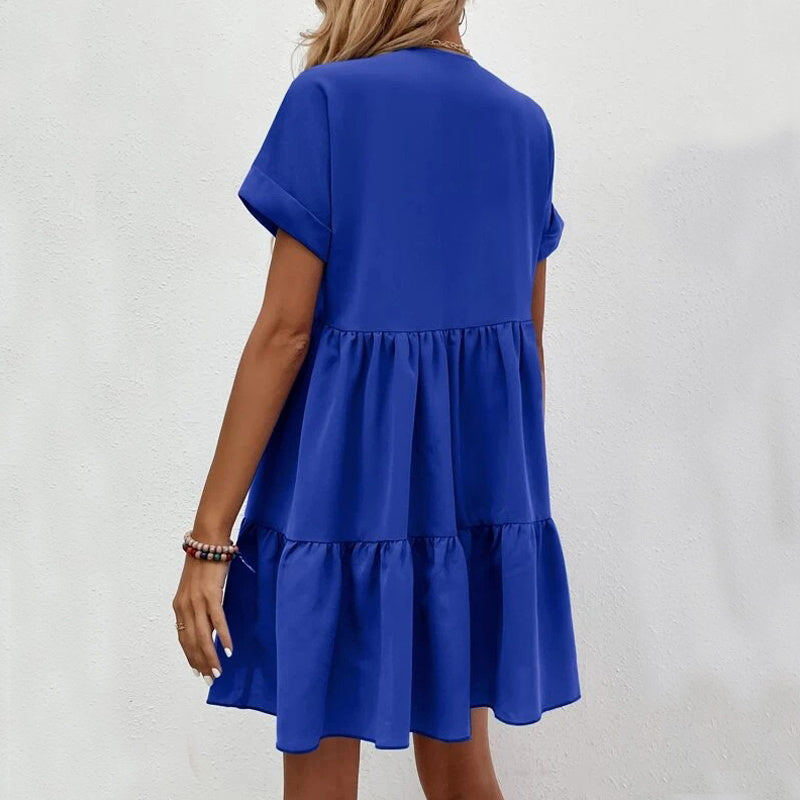 Back view of Ladies Short-sleeved V-neck Ruffled Summer Dress