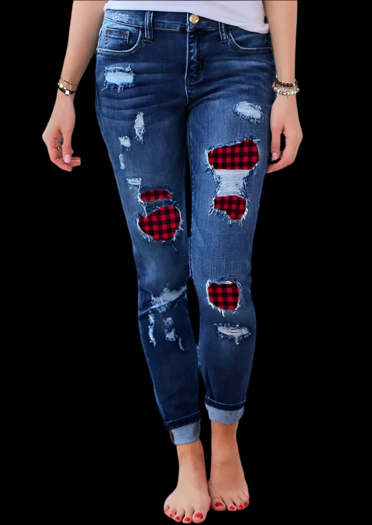 Women's Printed Patchwork Denim Stretch Jeans