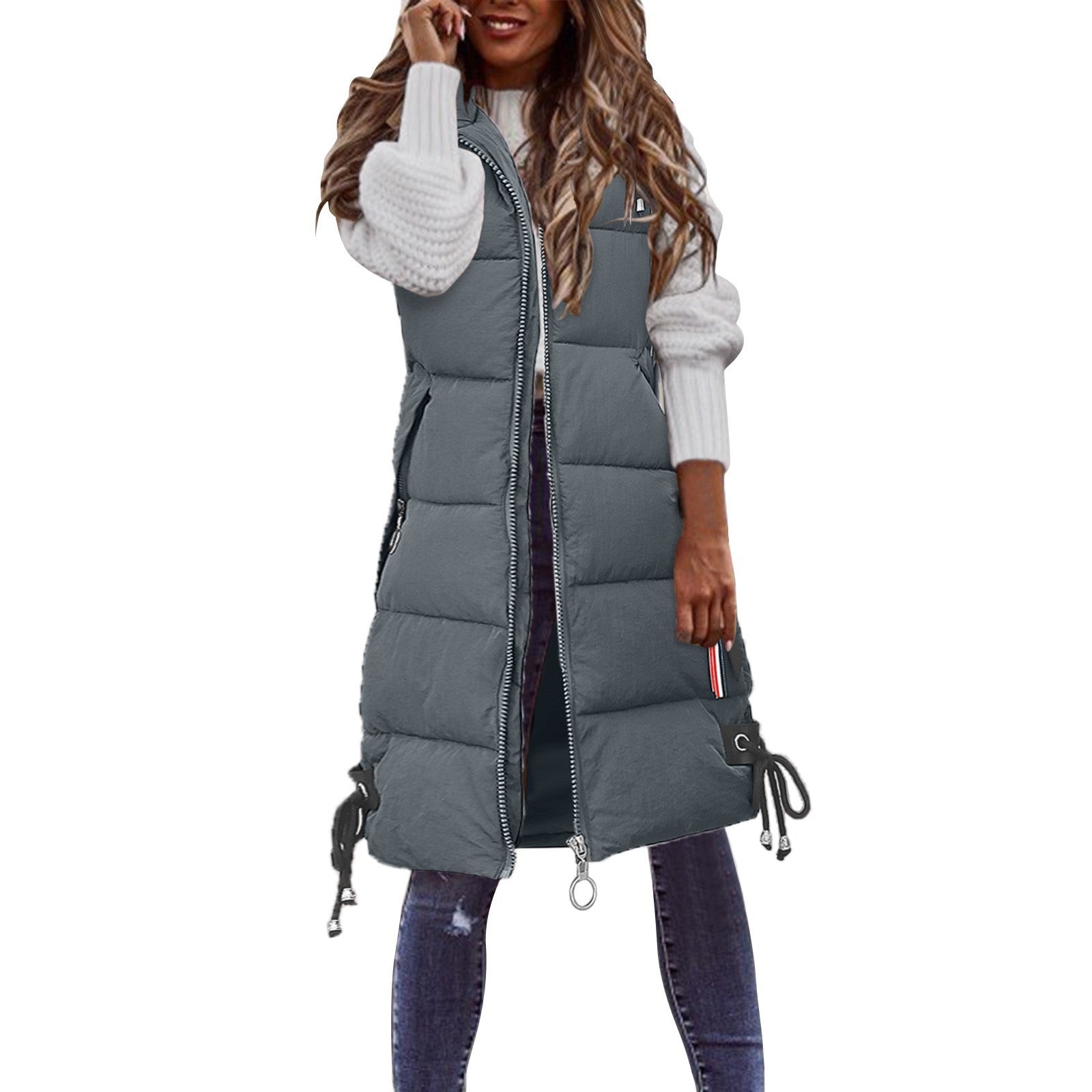 Grey Women's Casual Mid-Length Cotton Padded Gillet