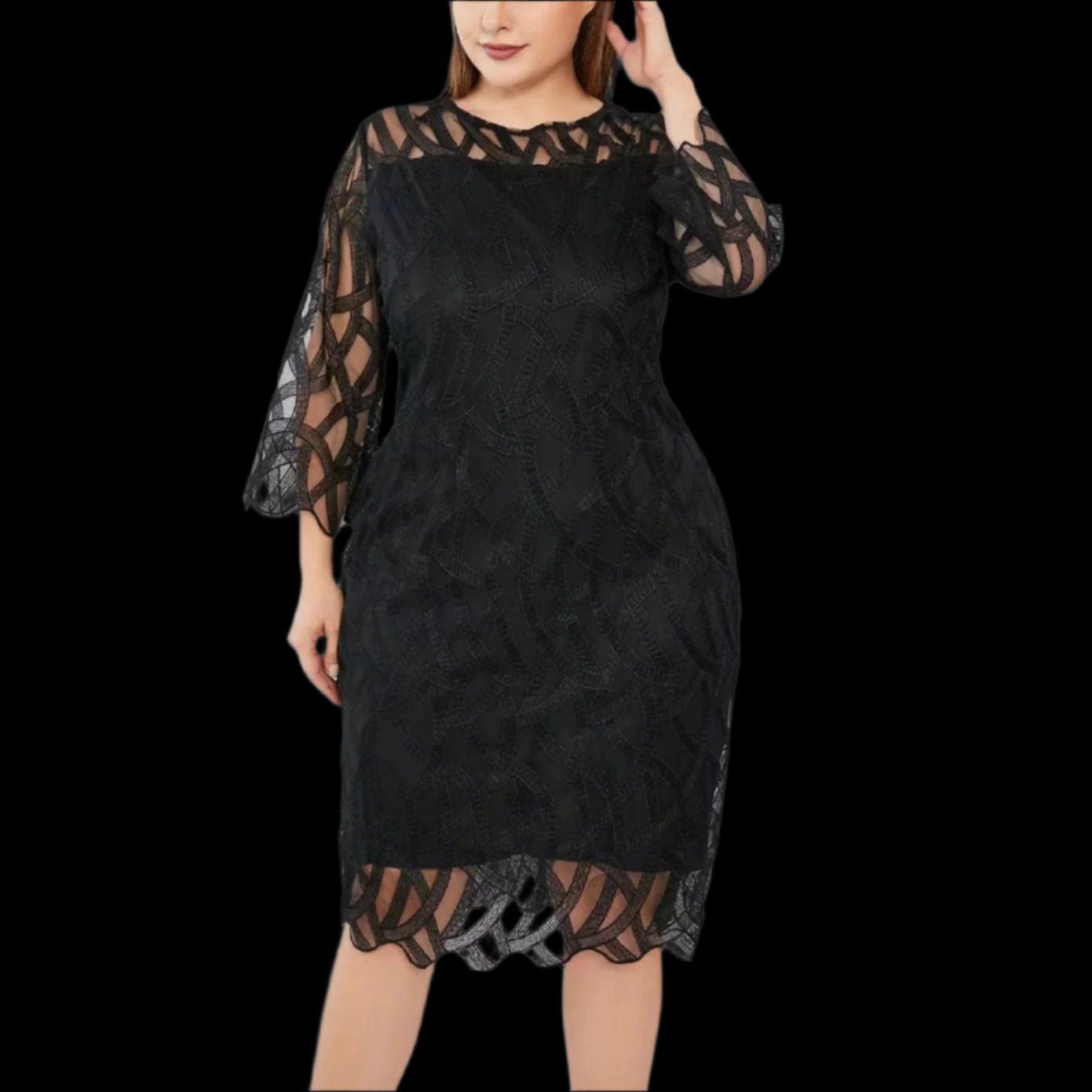 Embroidered Double-layer Solid Color Round Neck Plus Size Dress