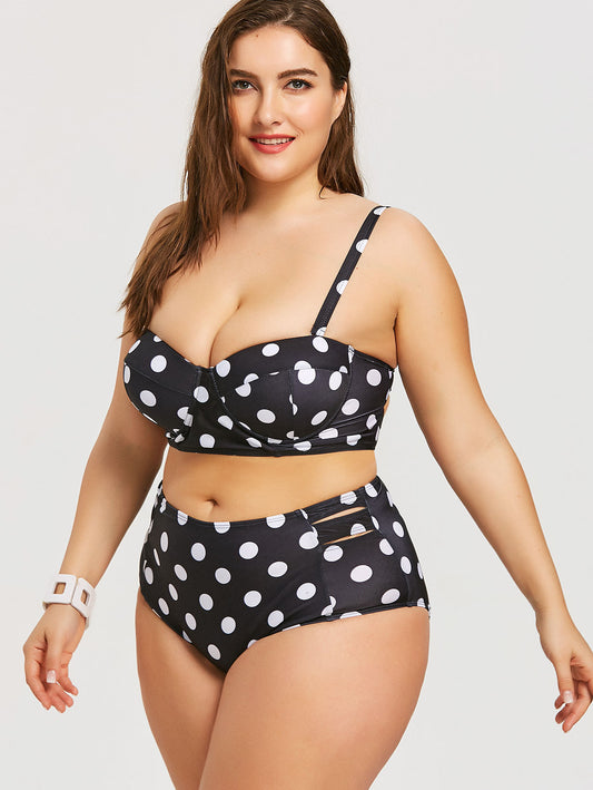 Ladies Plus Size Retro Polka Dot High-Rise Padded Bikini