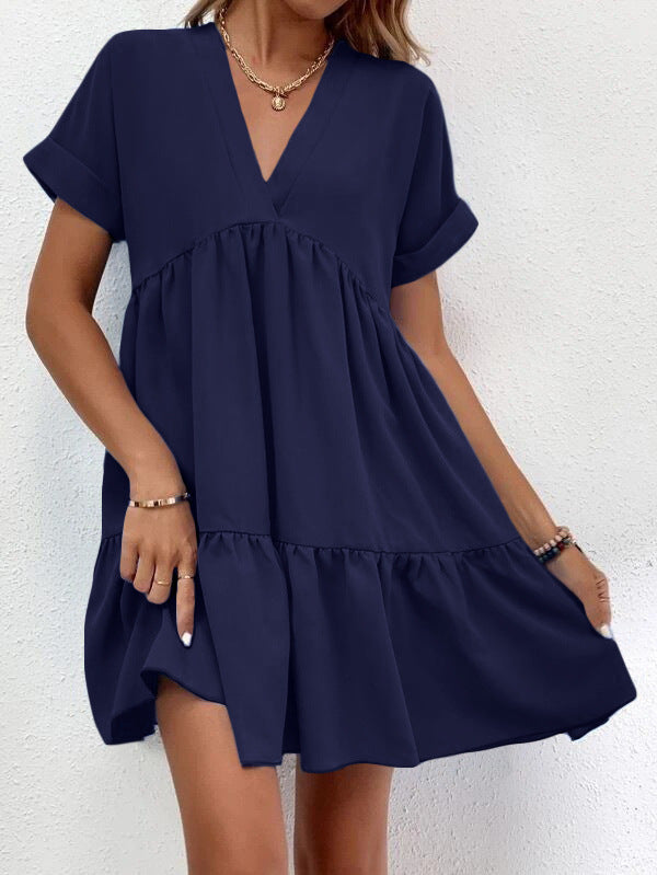 Dark Blue Front view of Ladies Short-sleeved V-neck Ruffled Summer Dress