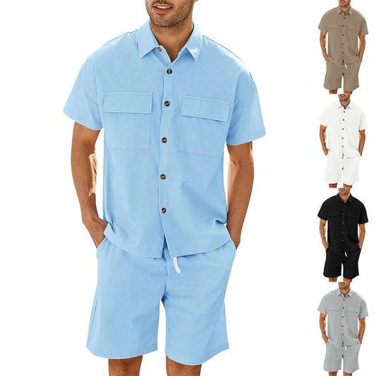 Men Summer Short Sleeve Suit with Lapel Pockets