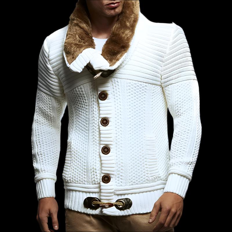 White Men's Stunning Old Style Knitted Solid Color Cardigan with Fur Collar