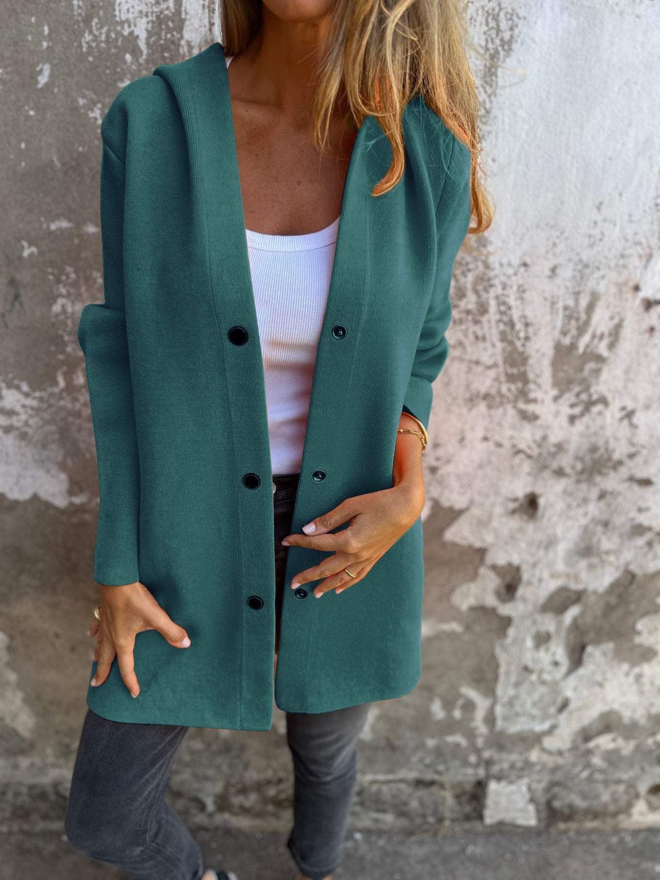 Peacock Green Loose Casual Hooded Single-Breasted Spring & Autumn Cardigan