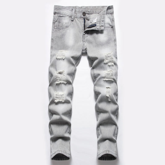 Men's Light Gray Ripped Straight Denim Trousers