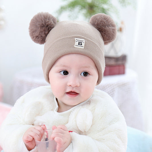 Cute Solid Color Knitted Baby Hat with pompom ears