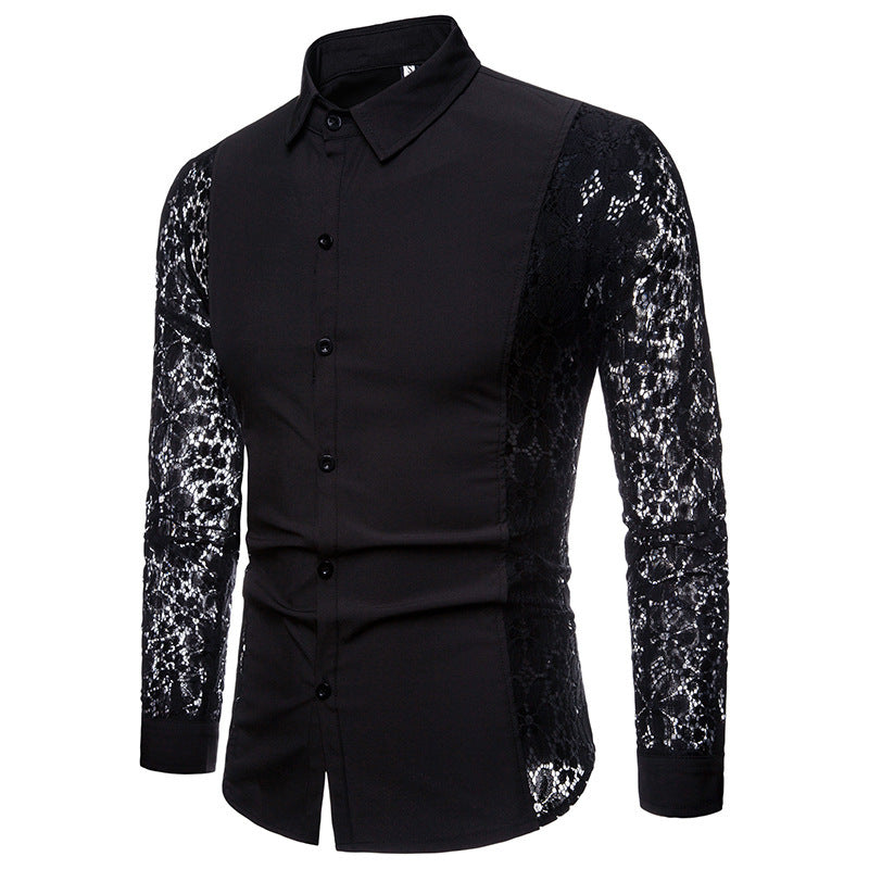 Men'S Solid Color Lace Arm Detail Shirt