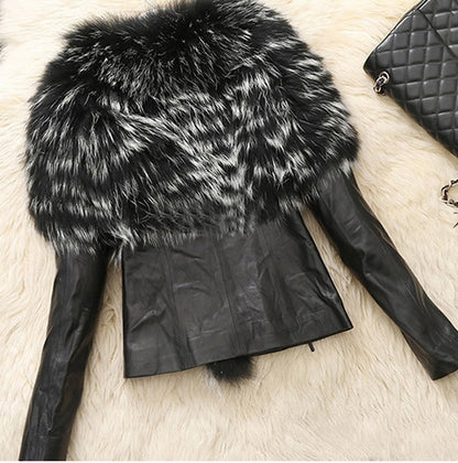 Wild Look Faux Fur Collar Slim Fit PU Leather Jacket