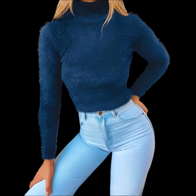 Blue Long Hair Knitted Warm Fitted Turtleneck Jumper