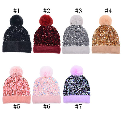 New Sequin Woolen Hat with Large Detachable Pom-pom