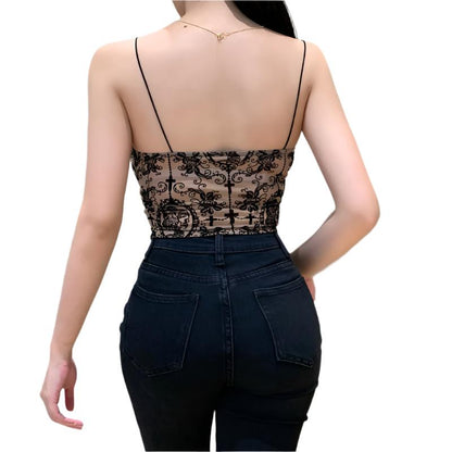 Embroidered Black Lace Pattern Short Strappy Camisole